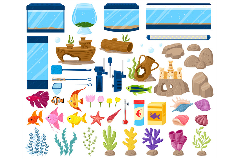 cartoon-aquarium-equipment-fish-seaweeds-and-stones-underwater-pet