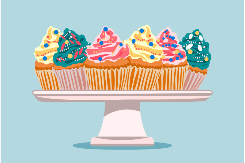 cartoon-cupcakes-with-colorful-shavings-and-cream-decoration-in-plate