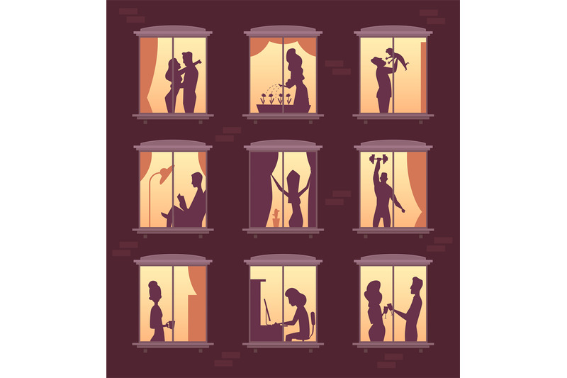 silhouette-in-windows-people-in-night-home-lighting-in-house-appartme