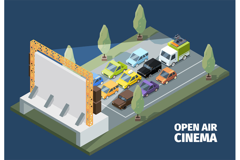 outdoor-cinema-isometric-open-space-park-people-watching-movies-from