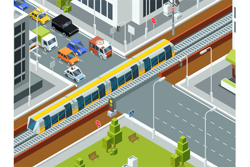 railway-crossing-isometric-trains-cars-rails-traffic-barrier-stations