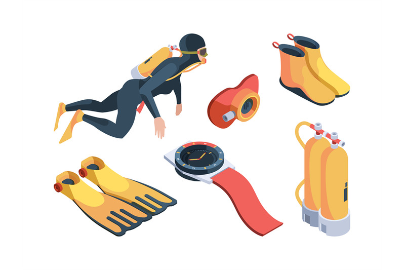 diving-isometric-aquatic-sport-symbols-scuba-flippers-underwater-divi