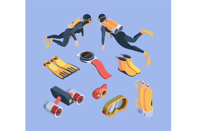 diving-club-isometric-underwater-sport-items-for-divers-flippers-brea