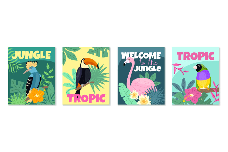 tropical-birds-posters-bright-colors-mini-banners-exotic-hawaiian-fa