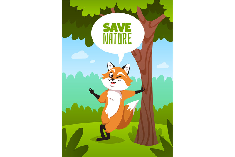 fox-in-forest-poster-save-nature-slogan-with-funny-wild-orange-animal