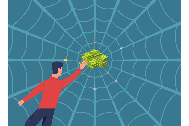 financial-business-traps-heap-of-banknotes-in-cobwebs-man-catched-in