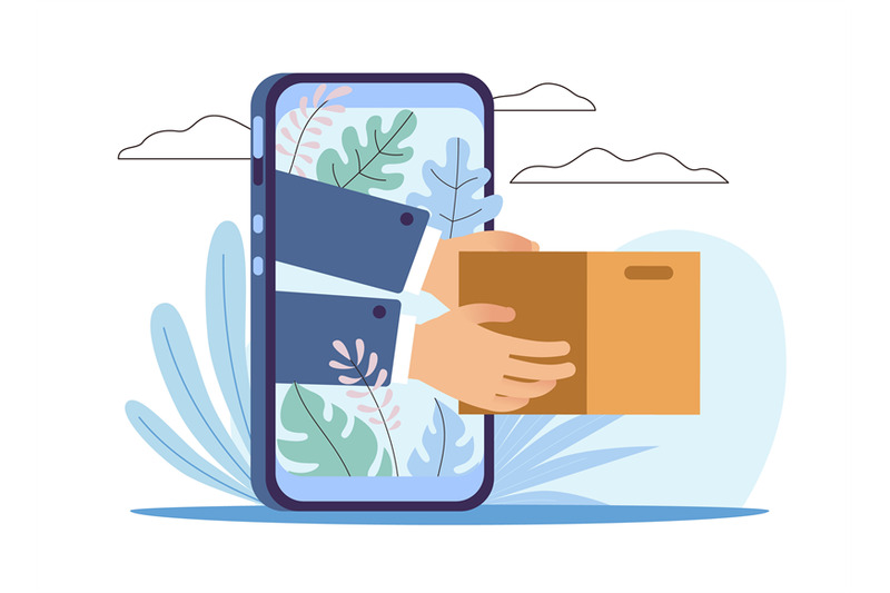 mobile-prompt-delivery-phone-screen-and-hands-giving-parcel-to-custom