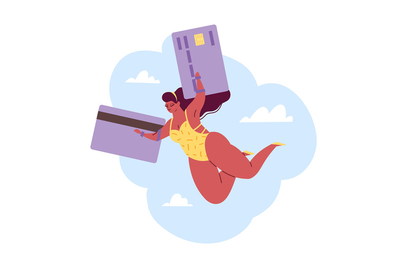 use-bank-credit-card-maximum-sense-financial-freedom-woman-flying-on