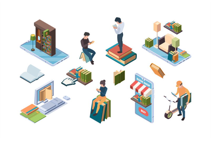 online-library-isometric-books-people-reading-internet-dictionary-edu