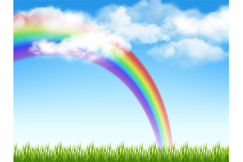 sunny-background-green-grass-blue-sky-with-clouds-and-rainbow-decent