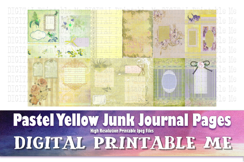 junk-journal-pages-pastel-yellow-cards-gold-scrapbook-kit-vintage-gru