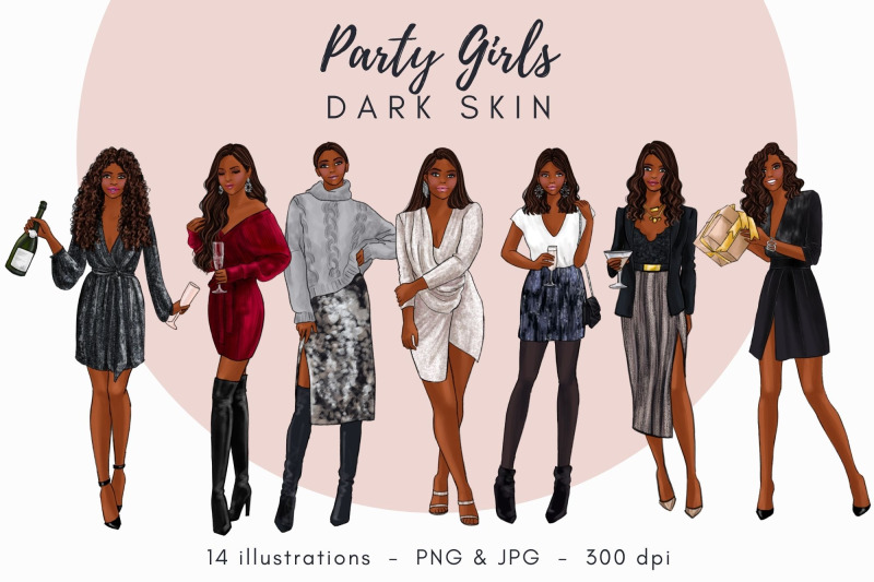 party-girls-dark-skin-watercolor-fashion-clipart