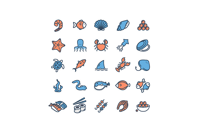 seafood-thin-line-icon-set-vector