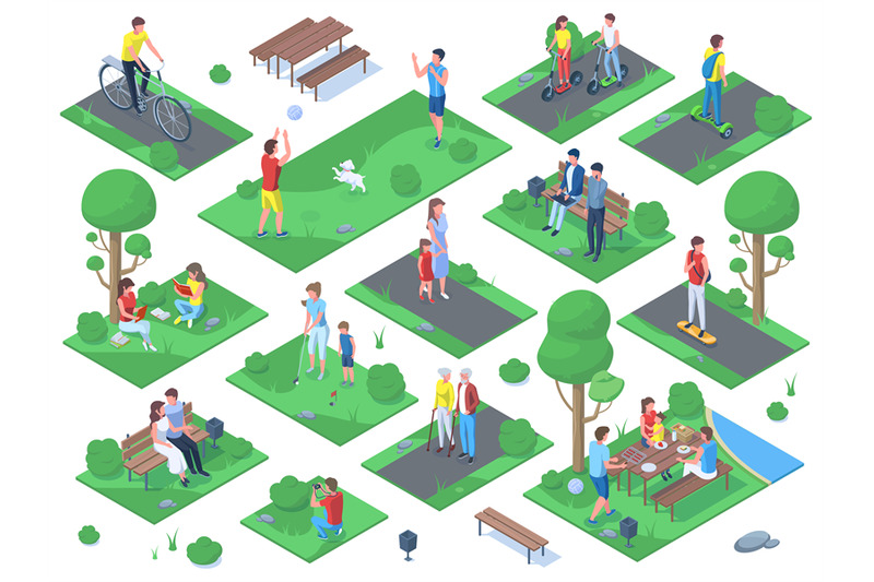 isometric-people-walking-jogging-sitting-on-bench-in-city-park-park