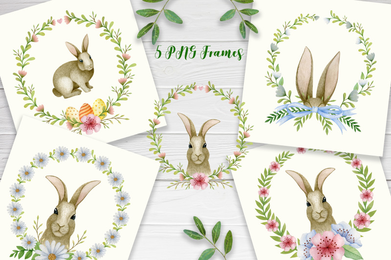 watercolor-easter-bunny-floral-frames-bouquets-seamless-patterns