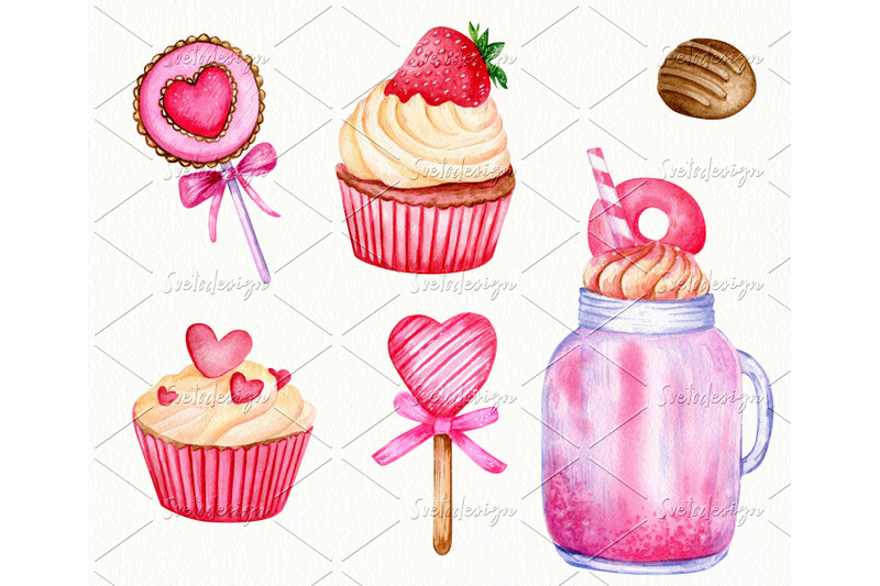 valentine-039-s-day-desserts-watercolor-clipart-sweets-cupcakes-png