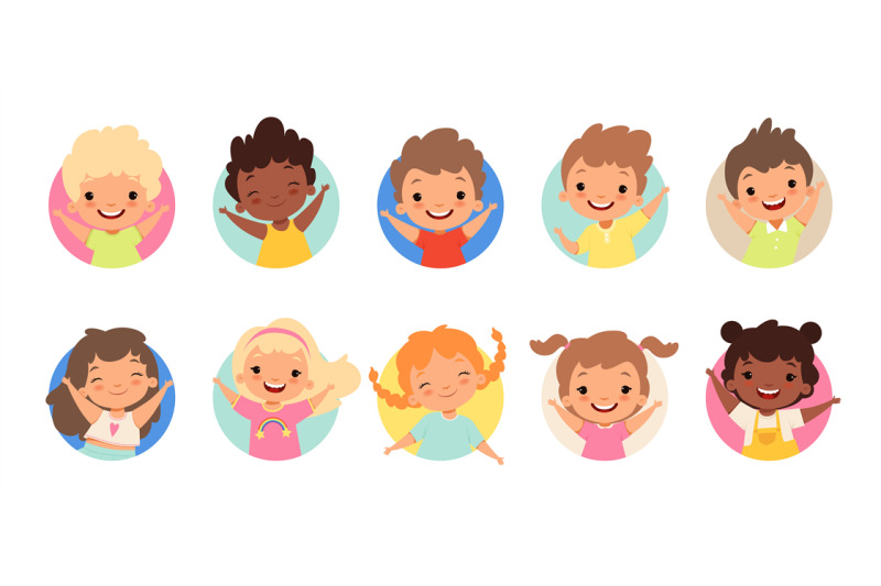 happy-kids-avatars-cute-children-smiling-boy-girl-in-rounds-vector-s