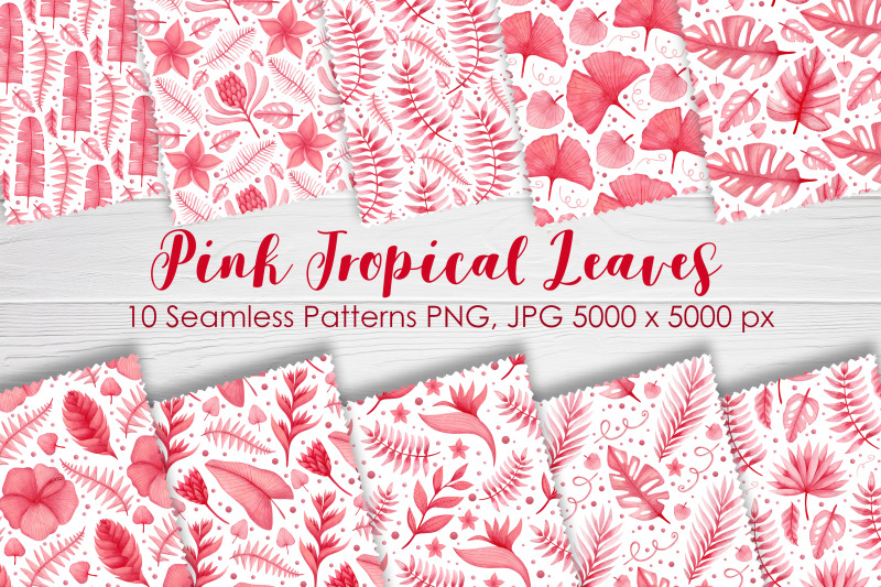 watercolor-pink-tropical-leaves-seamless-patterns