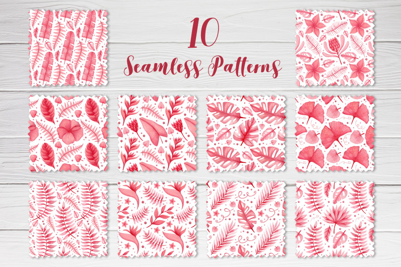 watercolor-pink-tropical-leaves-seamless-patterns