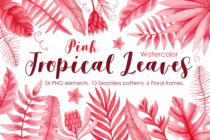 watercolor-pink-tropical-leaves-collection-seamless-patterns-frames