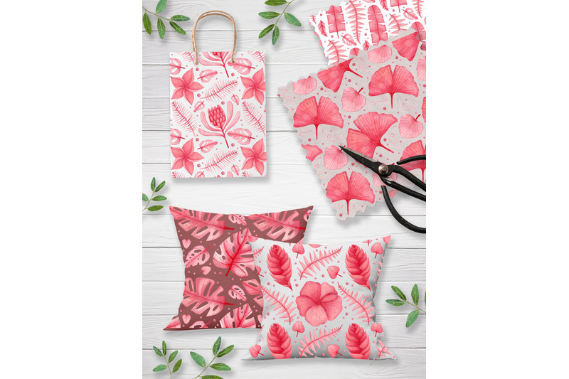 watercolor-pink-tropical-leaves-collection-seamless-patterns-frames