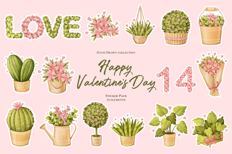 happy-valentine-day-sticker-pack-plants-collection-15-elements