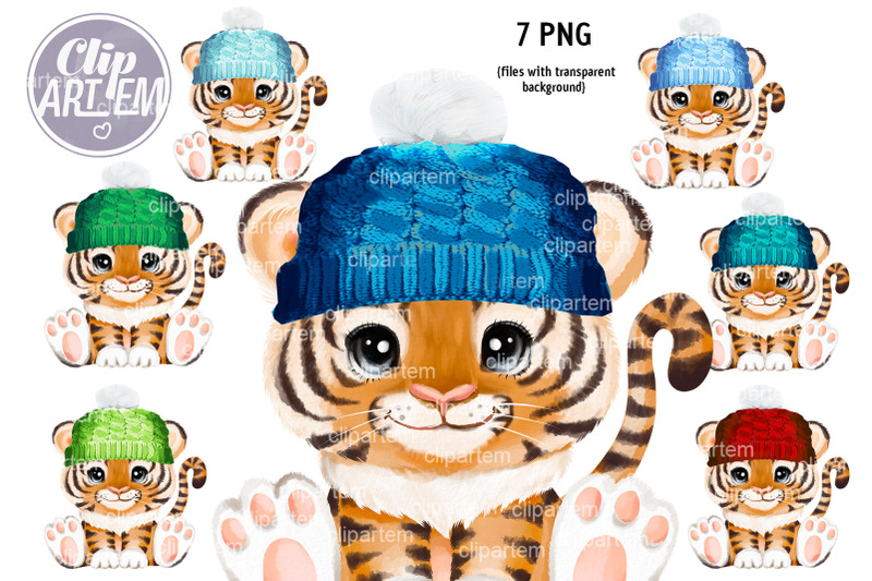 7-tigers-in-winter-hat-cute-boys-watercolor-png-clip-art-set