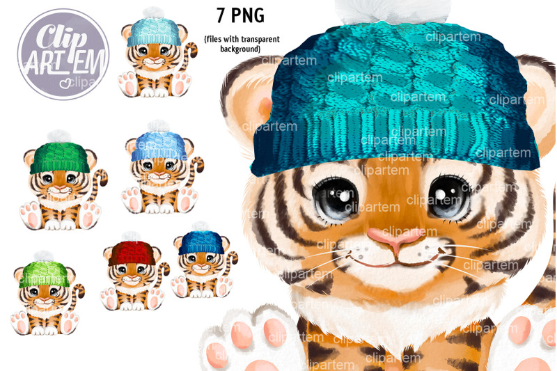 7-tigers-in-winter-hat-cute-boys-watercolor-png-clip-art-set