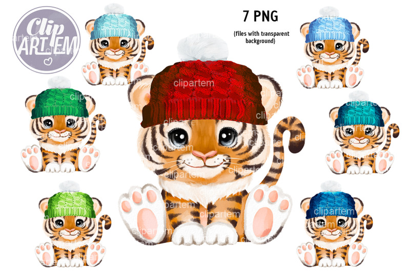 7-tigers-in-winter-hat-cute-boys-watercolor-png-clip-art-set