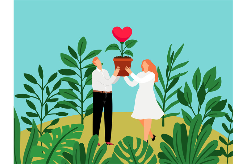 grow-love-woman-and-man-with-heart-in-flowerpot-with-tropical-monster