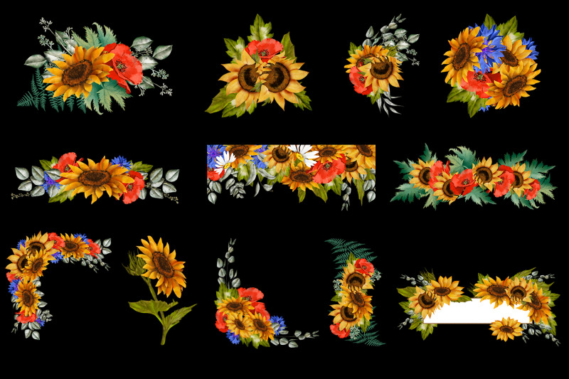 sunflower-poppy-and-cornflower-bouquets-clipart