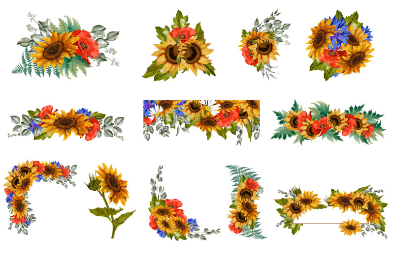 sunflower-poppy-and-cornflower-bouquets-clipart