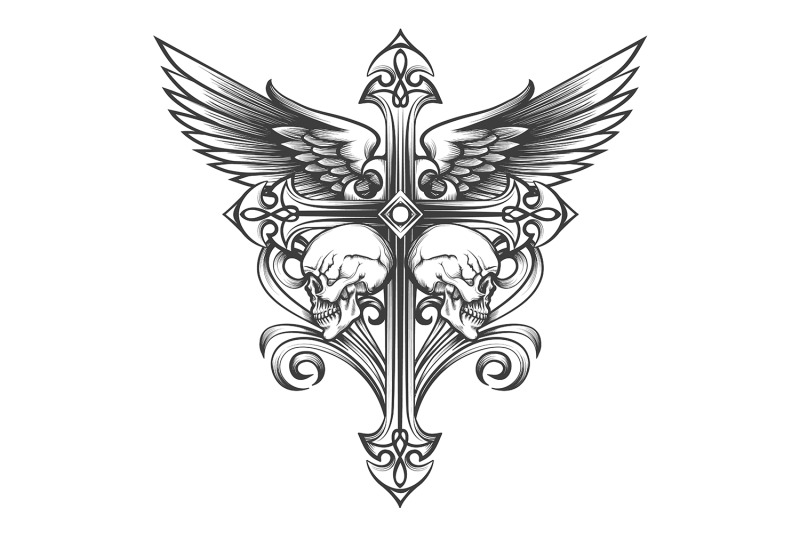 skulls-and-cross-with-wings-tattoo-in-engraving-style