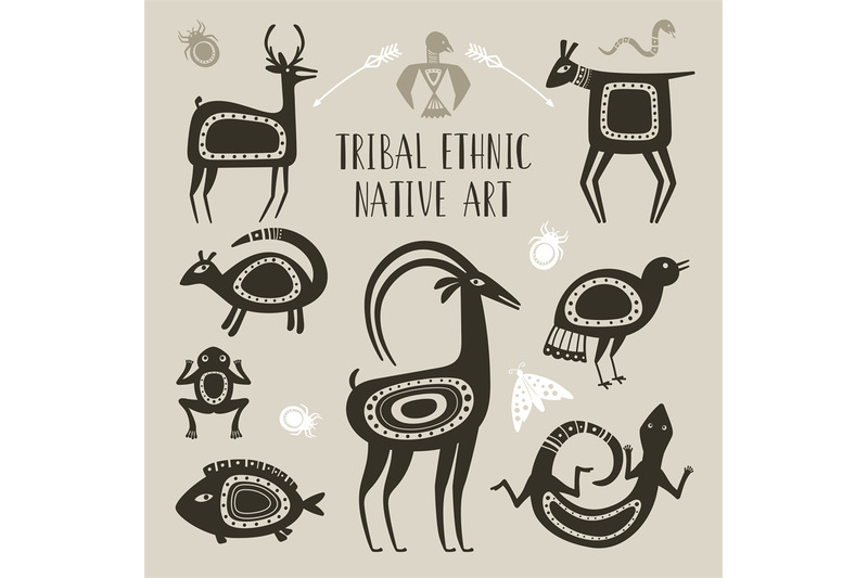 native-totem-animals-tribal-ethnic-animal-drawings-lizard-deer-fish