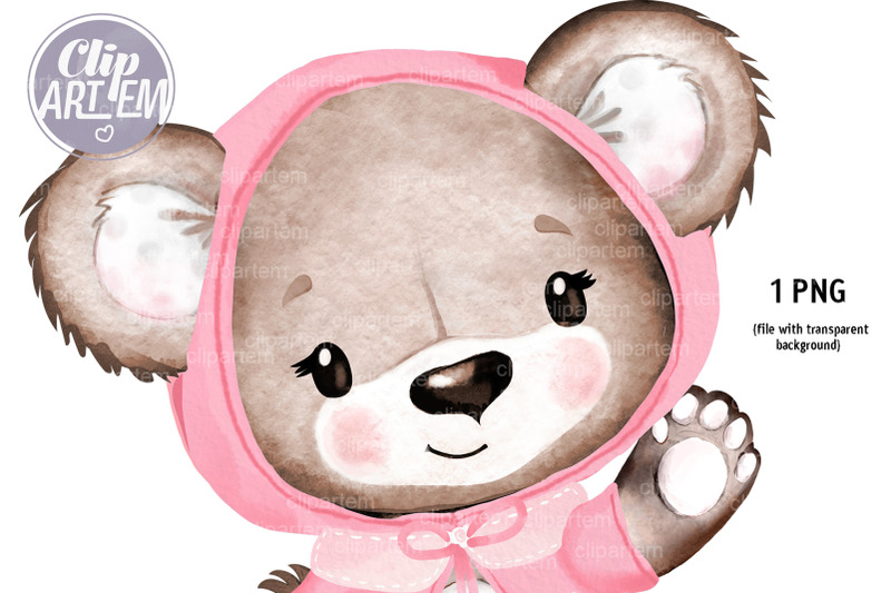 sweet-girl-teddy-bear-in-pink-brown-watercolor-clip-art-image-sublima