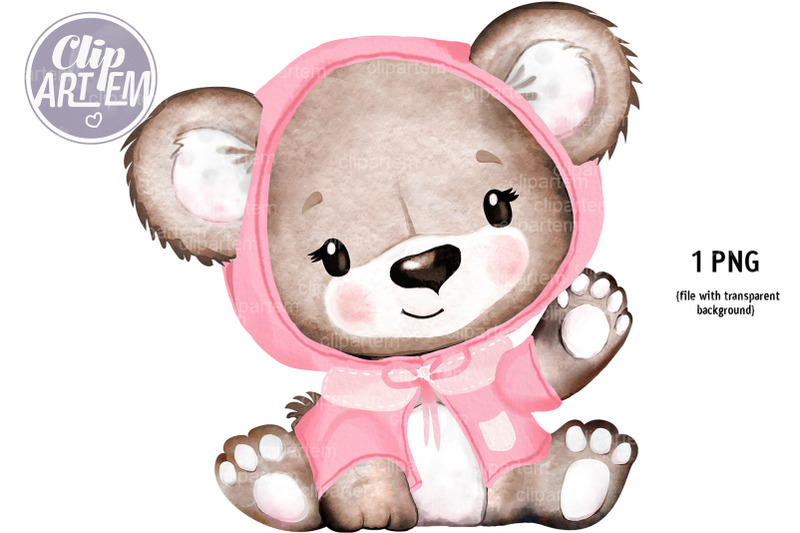 sweet-girl-teddy-bear-in-pink-brown-watercolor-clip-art-image-sublima