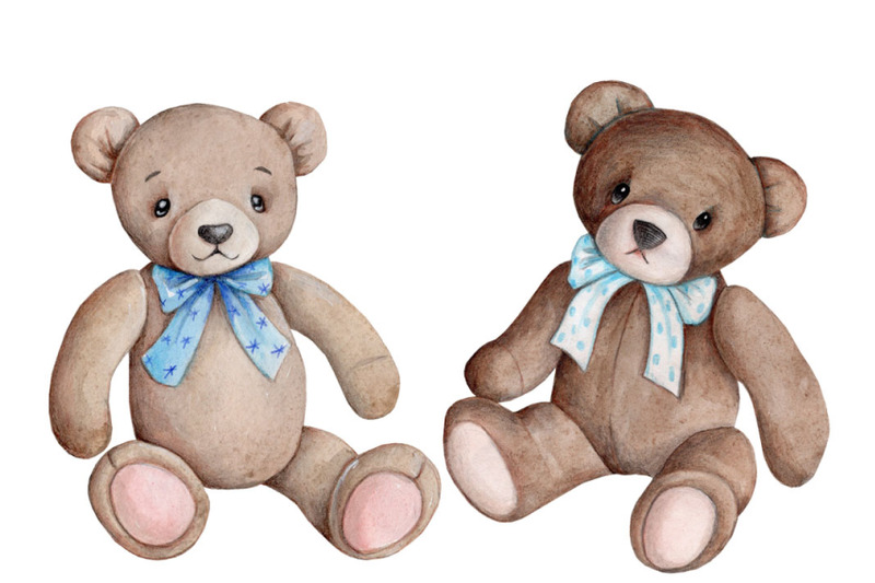 two-cute-brown-teddy-bears-sitting-watercolor