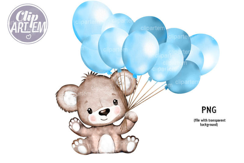 cute-blue-boy-bear-with-bundle-of-balloons-watercolor-png-clip-art
