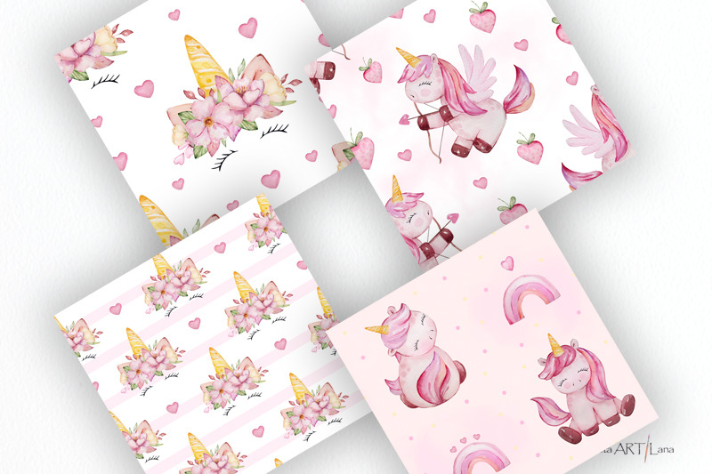 unicorn-valentines-watercolor-digital-paper-pack