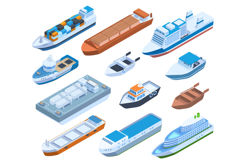 isometric-commercial-sea-ships-yacht-barge-cruise-and-sailing-boats