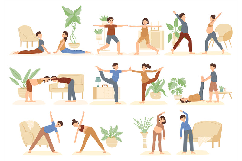 pregnant-characters-with-partners-yoga-practicing-family-class-happy