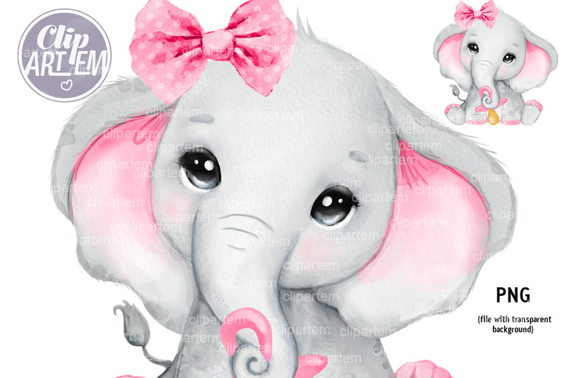 sweet-pink-girl-elephant-with-dummy-pacifier-bow-watercolor-clip-art