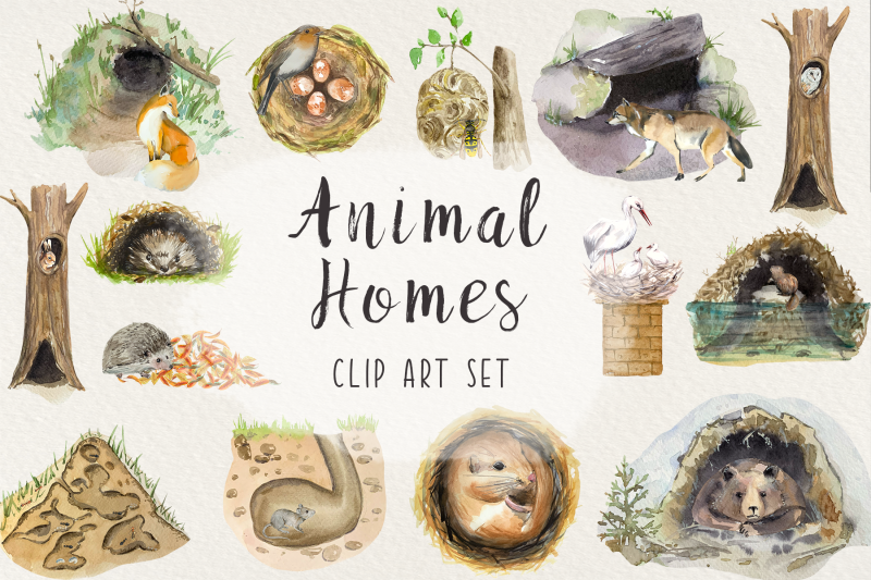 animal-homes-watercolor-clip-art-set