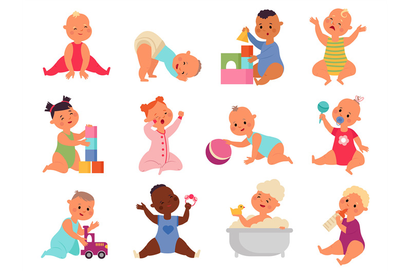 newborn-baby-characters-cute-toddler-babies-isolated-with-toys-cart