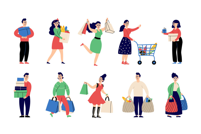 flat-people-on-shopping-shop-person-woman-with-present-retail-shopp