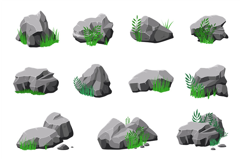 stones-in-grass-cartoon-natural-mountain-stone-granite-design-with-g