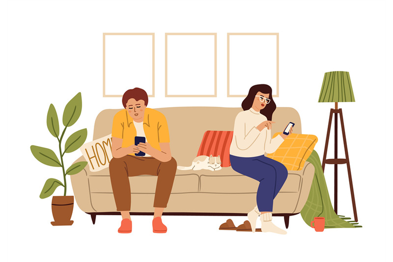 gadget-addiction-couple-using-smartphones-woman-man-cat-sitting-on-s