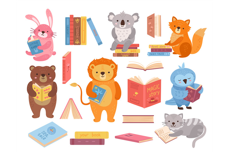 cute-animals-with-books-animal-read-book-stacks-school-study-charac