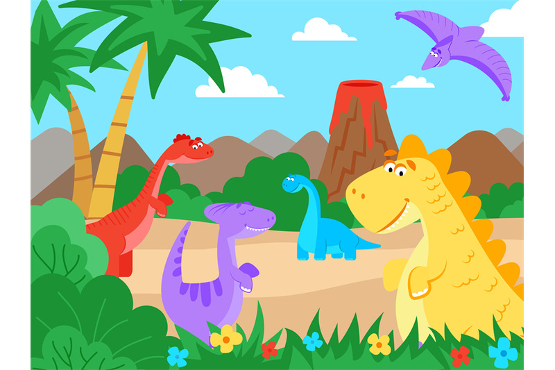 prehistoric-landscape-cartoon-dinosaur-nature-walk-jurassic-cute-mon