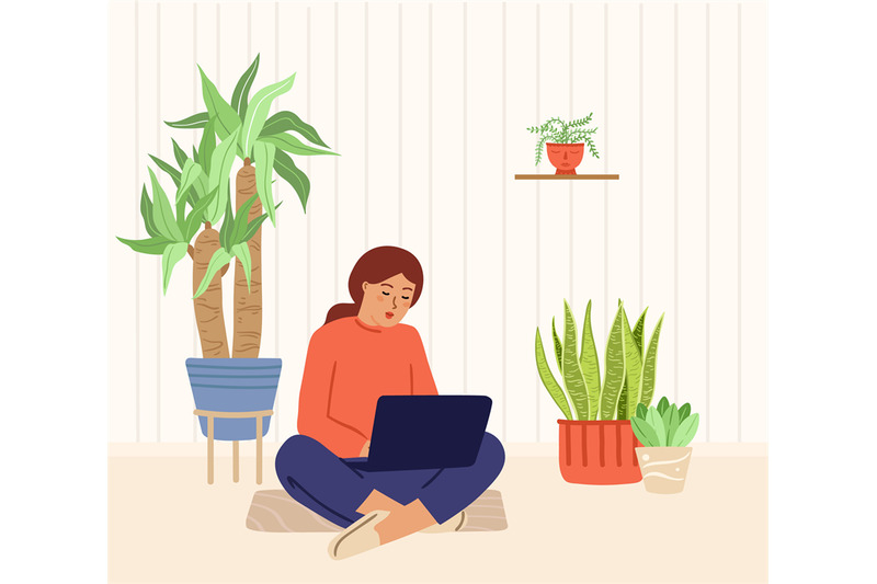 girl-working-at-home-garden-urban-jungle-scandinavian-interior-plant